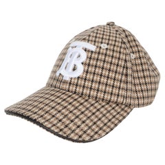 BURBERRY Fawn beige wool TB MONOGRAM HOUNDSTOOTH Baseball Cap Hat M
