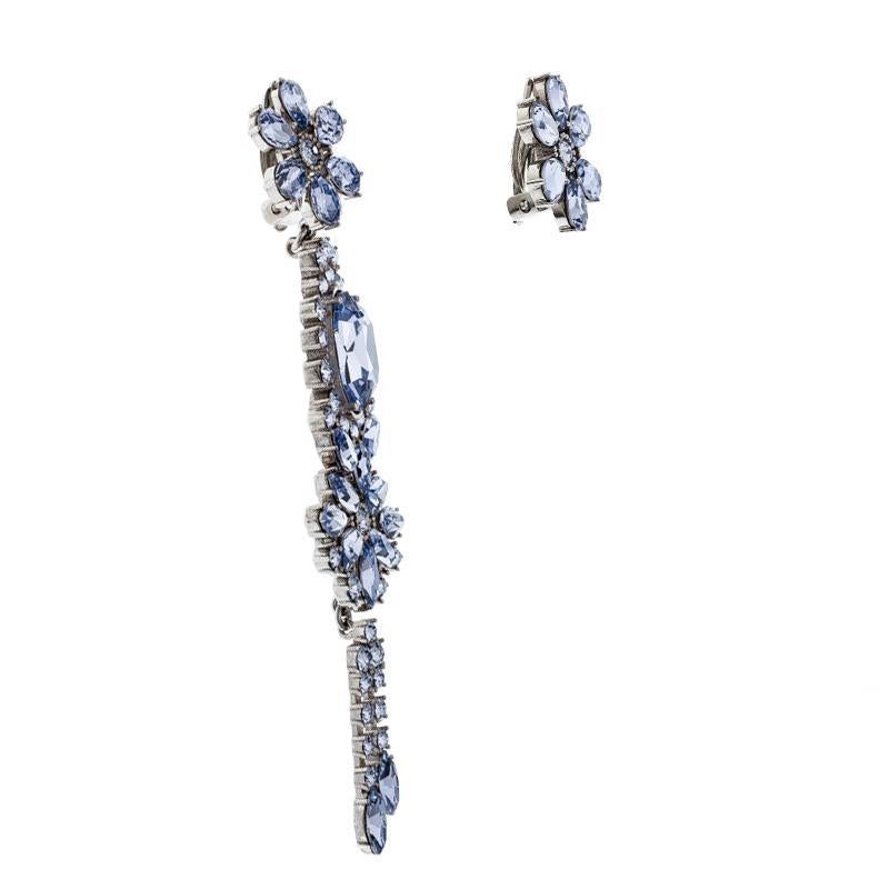 Contemporary Burberry Flower Crystal Silver Tone Clip-on Asymmetric Stud Drop Earrings