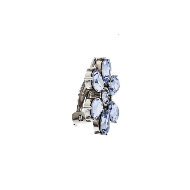 Burberry Flower Crystal Silver Tone Clip-on Asymmetric Stud Drop Earrings 1
