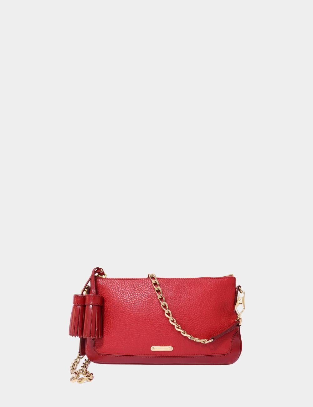 Add a bold pop of color to your accessories edit with this Burberry Red Leather Crossbody Bag. Crafted from luxurious grained leather in a vibrant red hue, this sleek shoulder bag features gold-tone chain and leather strap detailing, with a compact