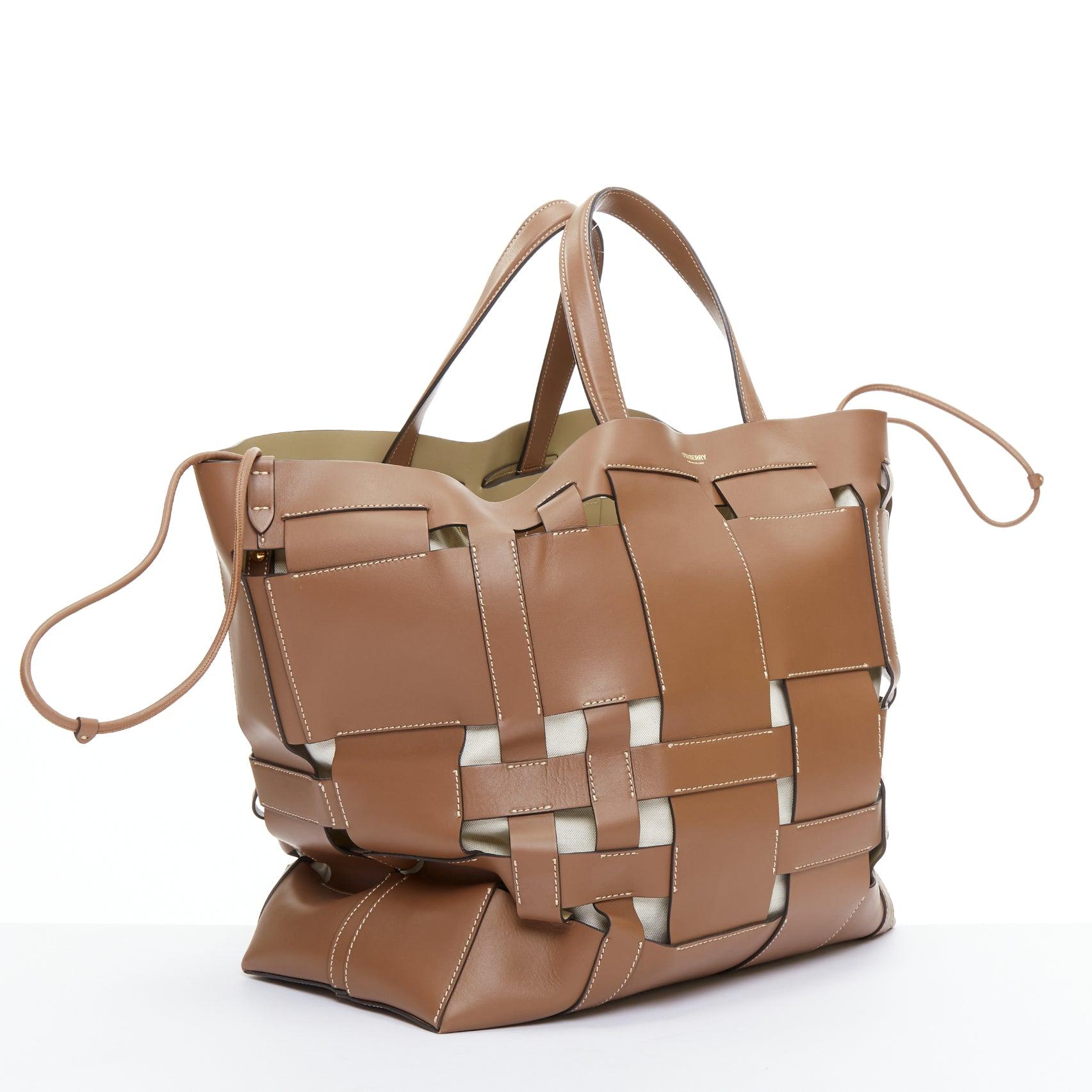 Brown BURBERRY Foster brown leather gold logo open weave large tote bag