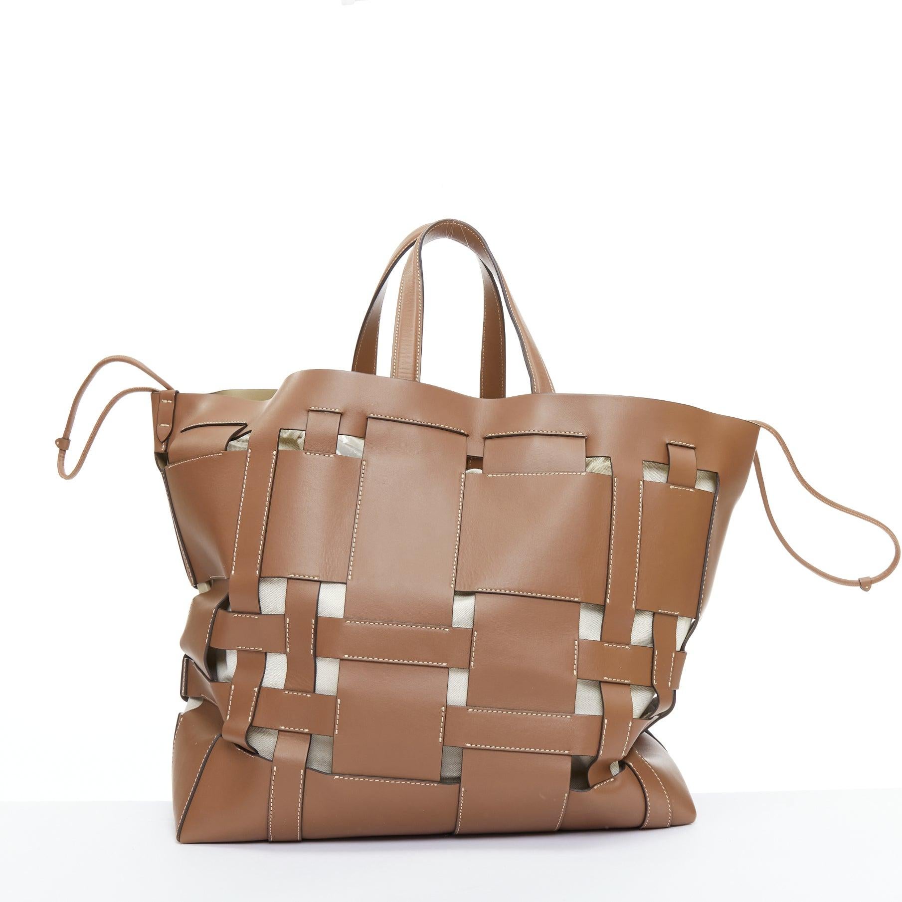 Women's BURBERRY Foster brown leather gold logo open weave large tote bag