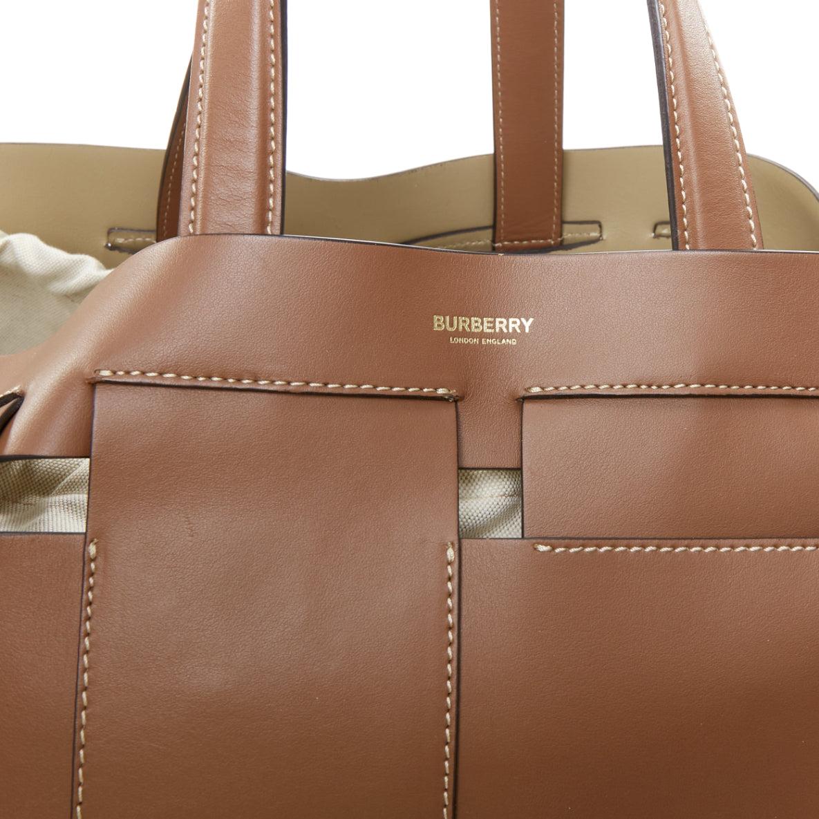 BURBERRY Foster brown leather gold logo open weave large tote bag 2