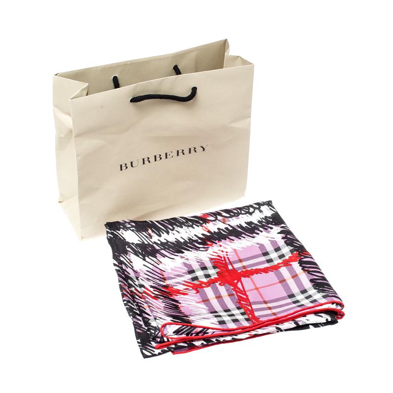 Burberry Fuchsia Pink Scribble Print Mulberry Silk Twill Square Scarf 2