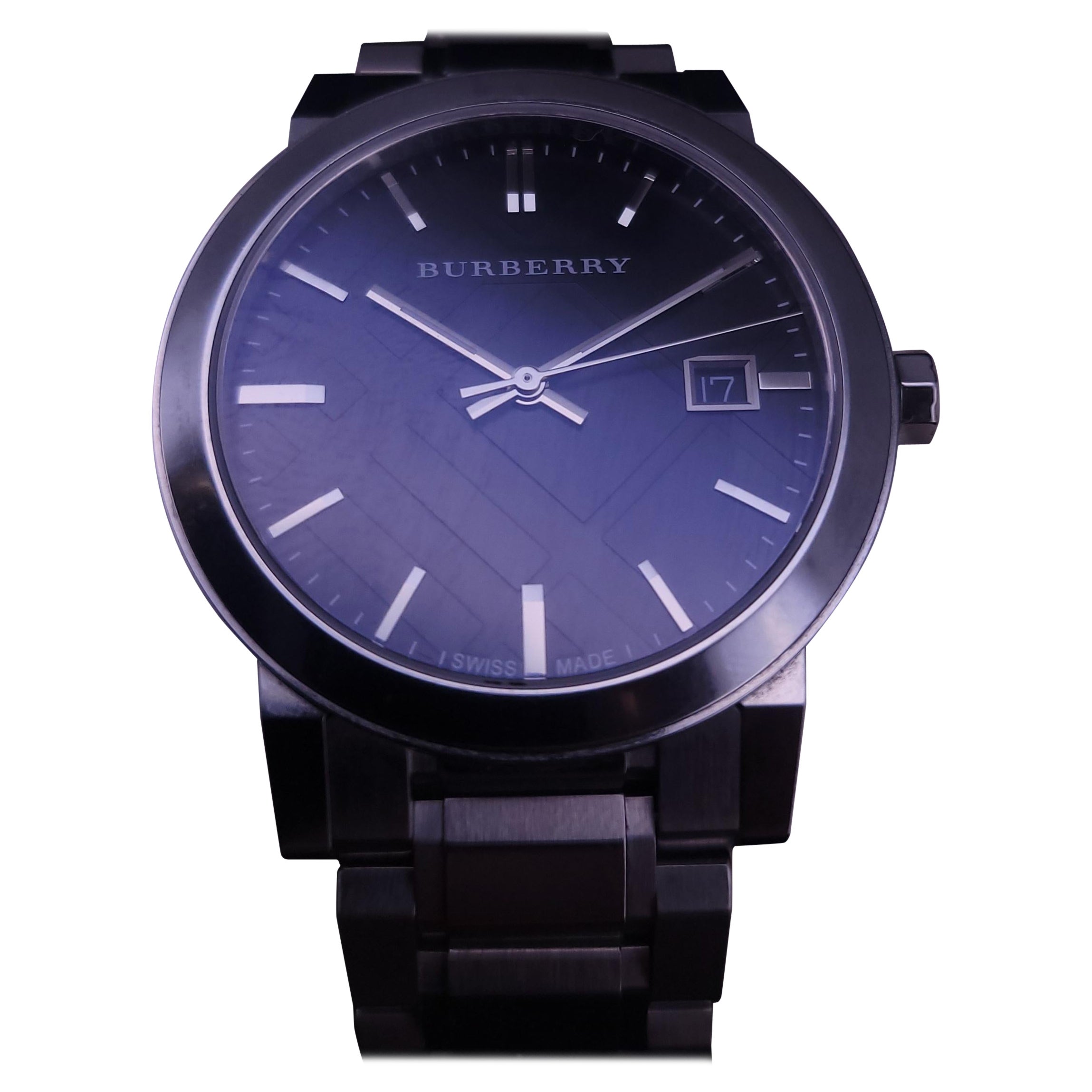 Burberry Gents Silver Tone Steel Black Face For Sale