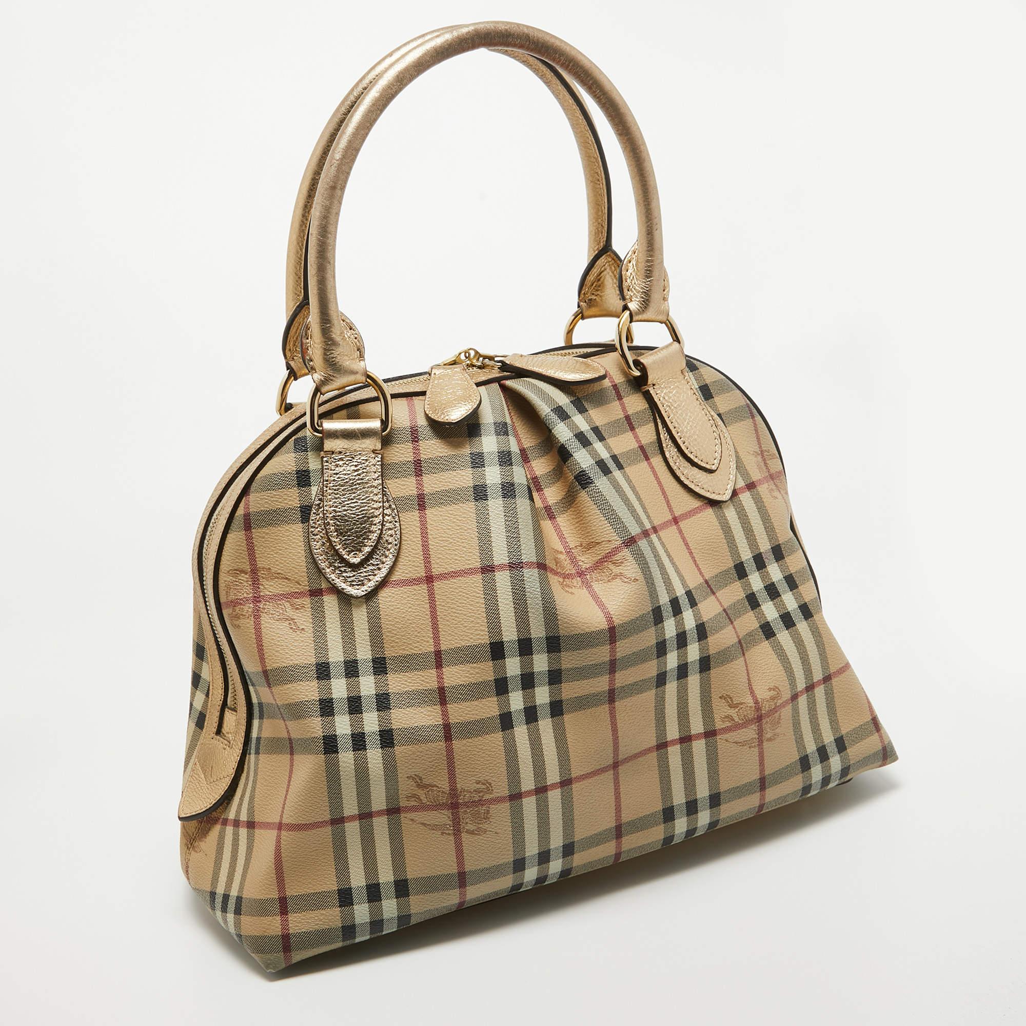 Burberry Gold/Beige Haymarket Check Coated Canvas and Leather Thornley Satchel For Sale 9