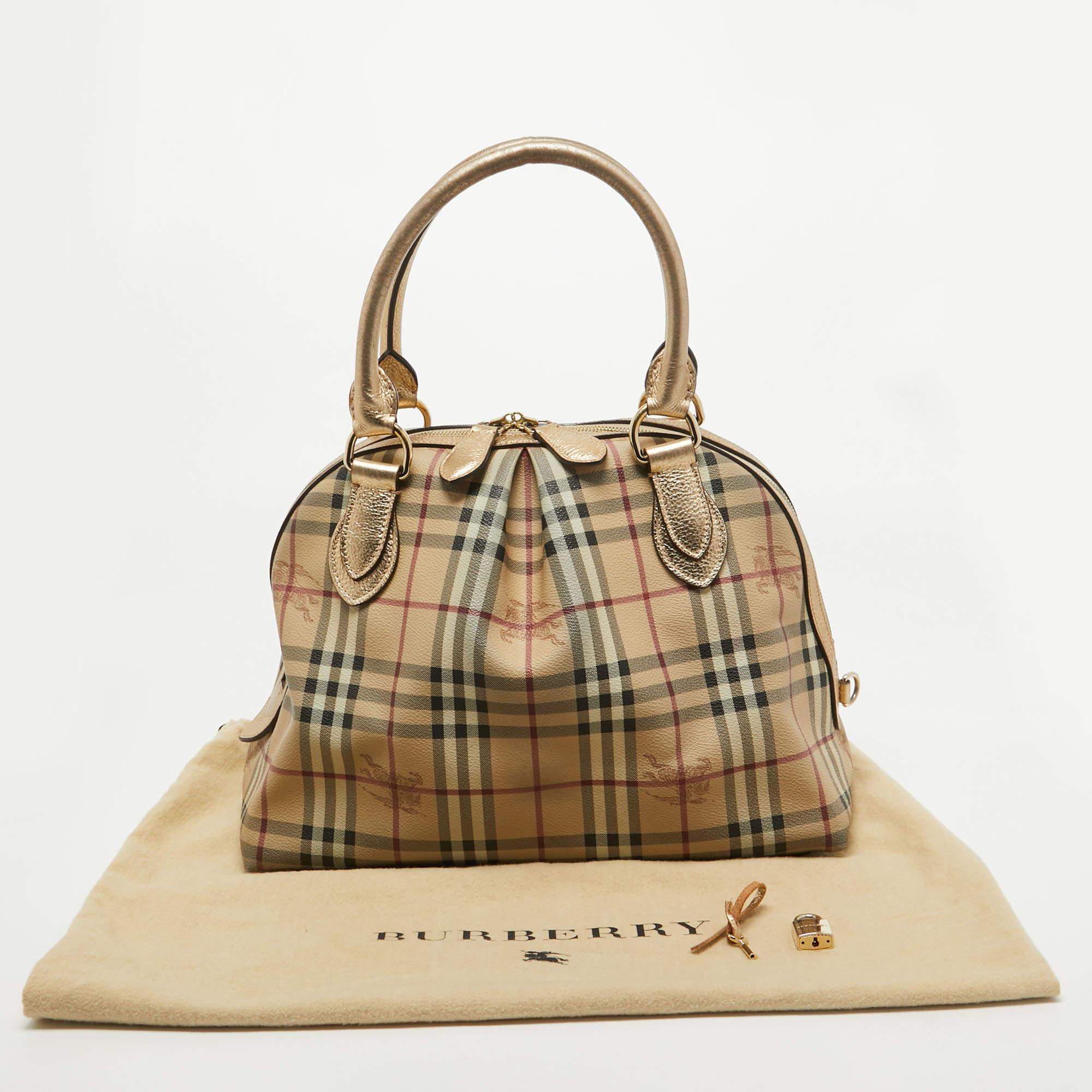 Burberry Gold/Beige Haymarket Check Coated Canvas and Leather Thornley Satchel 10