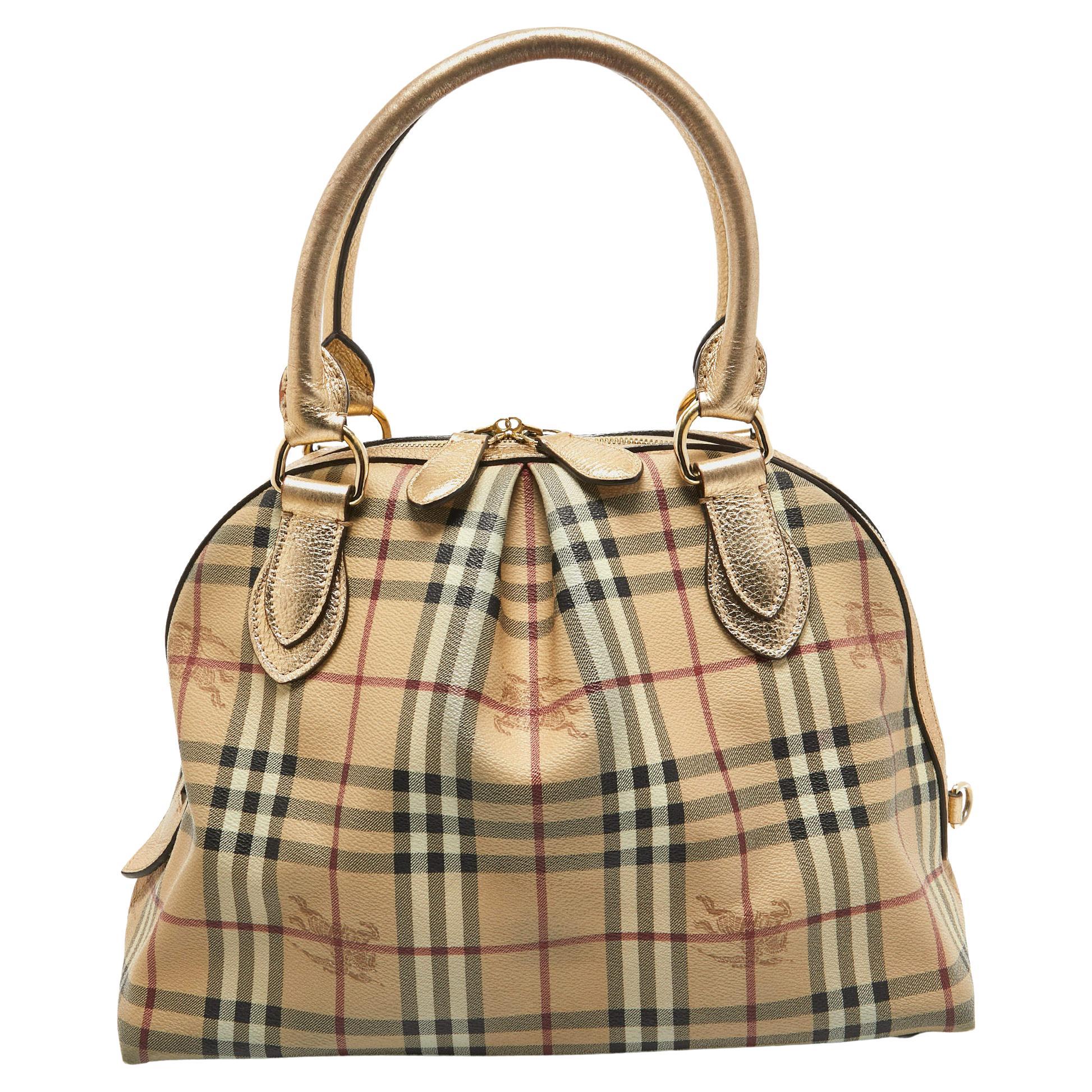 Burberry Gold/Beige Haymarket Check Coated Canvas and Leather Thornley Satchel For Sale