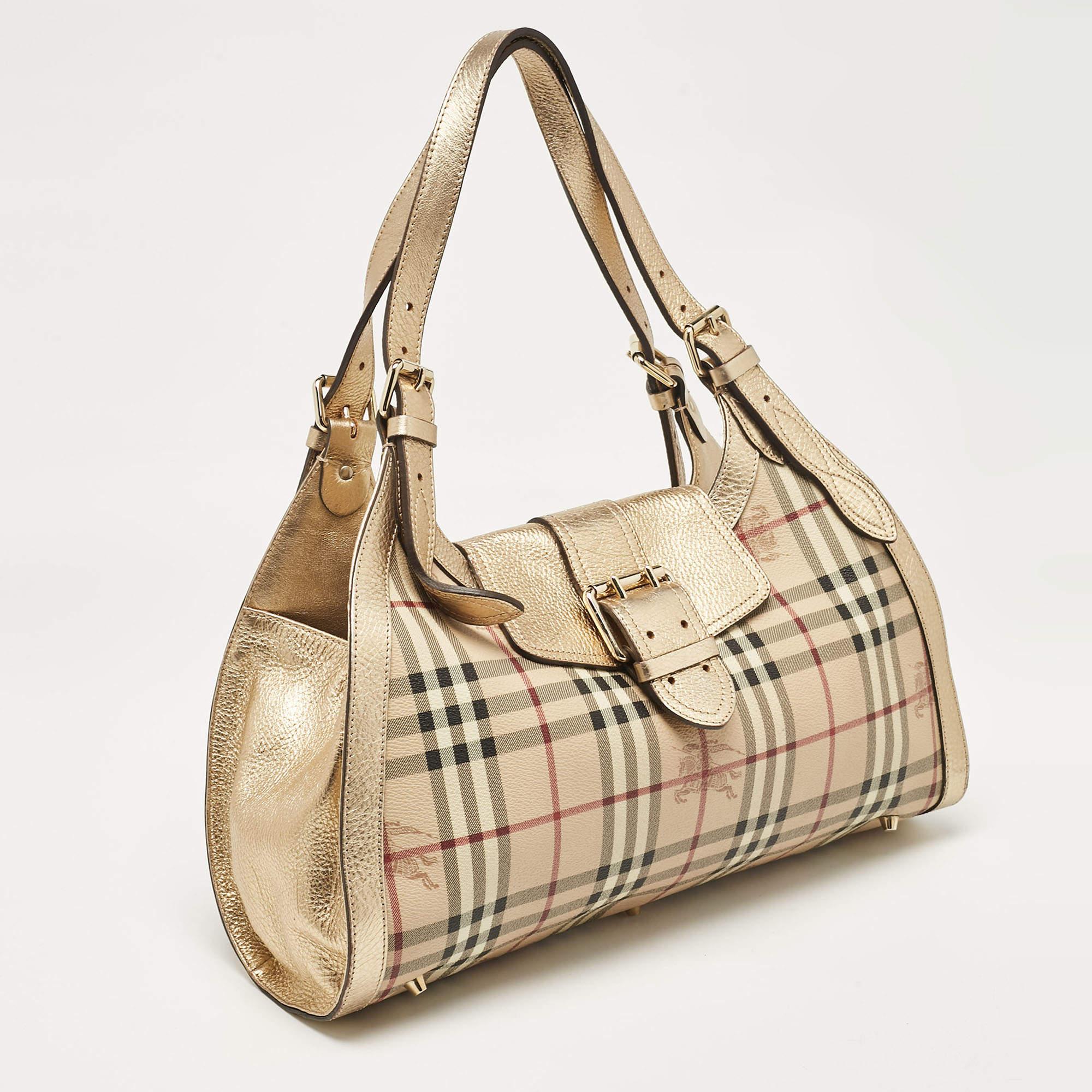 Burberry Gold/Beige Haymarket Check PVC Ashbury Shoulder Bag In Good Condition In Dubai, Al Qouz 2