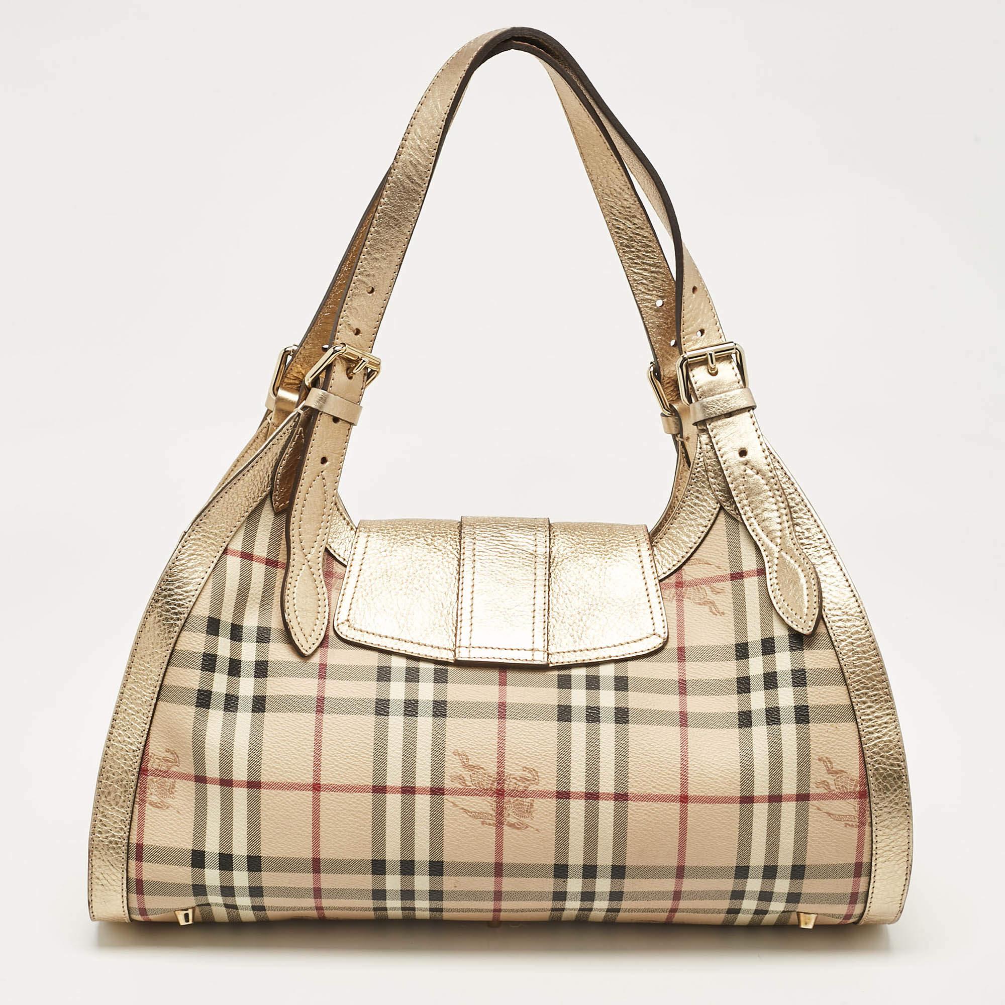 Women's Burberry Gold/Beige Haymarket Check PVC Ashbury Shoulder Bag