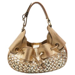 Burberry Gold/Beige House Check PVC and Leather Mini Warrior Hobo