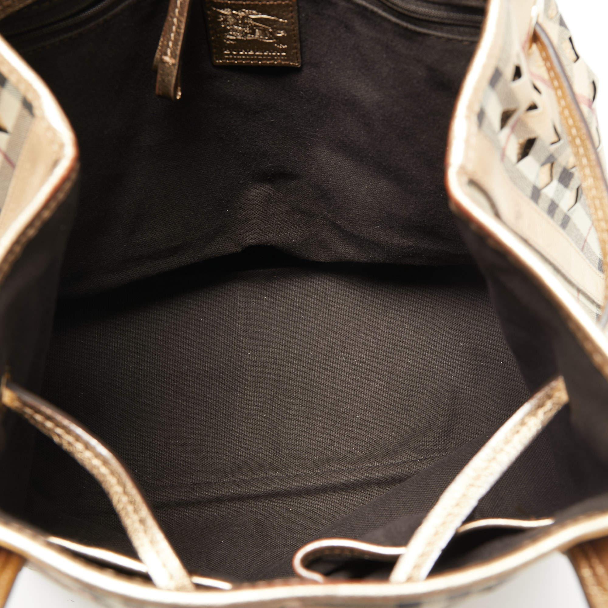 Burberry Gold/Beige Laser Cut Haymarket Leather Drawstring Shoulder Bag 6