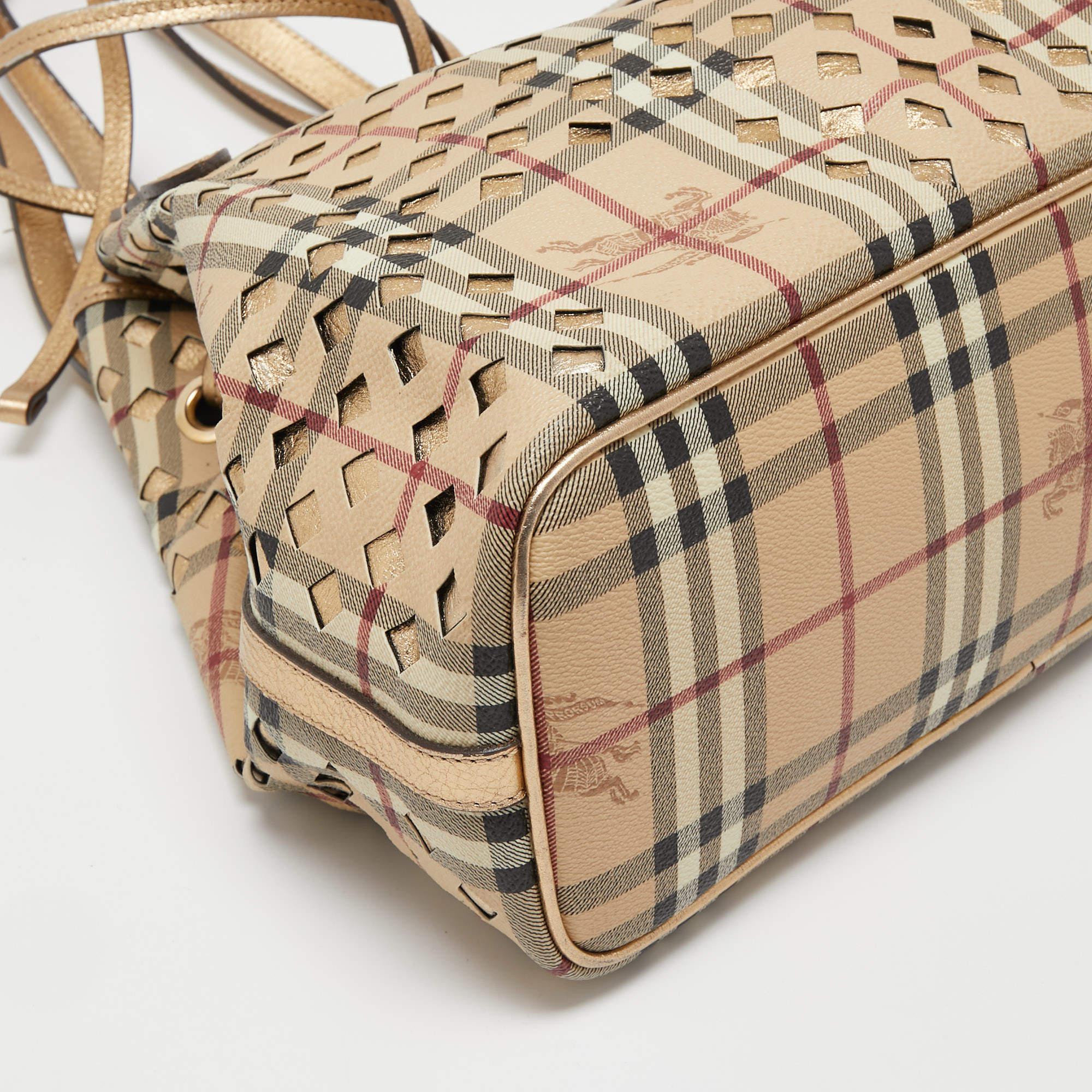 Burberry Gold/Beige Laser Cut Haymarket Leather Drawstring Shoulder Bag 9