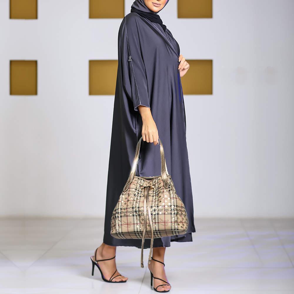 Burberry Gold/Beige Laser Cut Haymarket Leather Drawstring Shoulder Bag In Good Condition In Dubai, Al Qouz 2