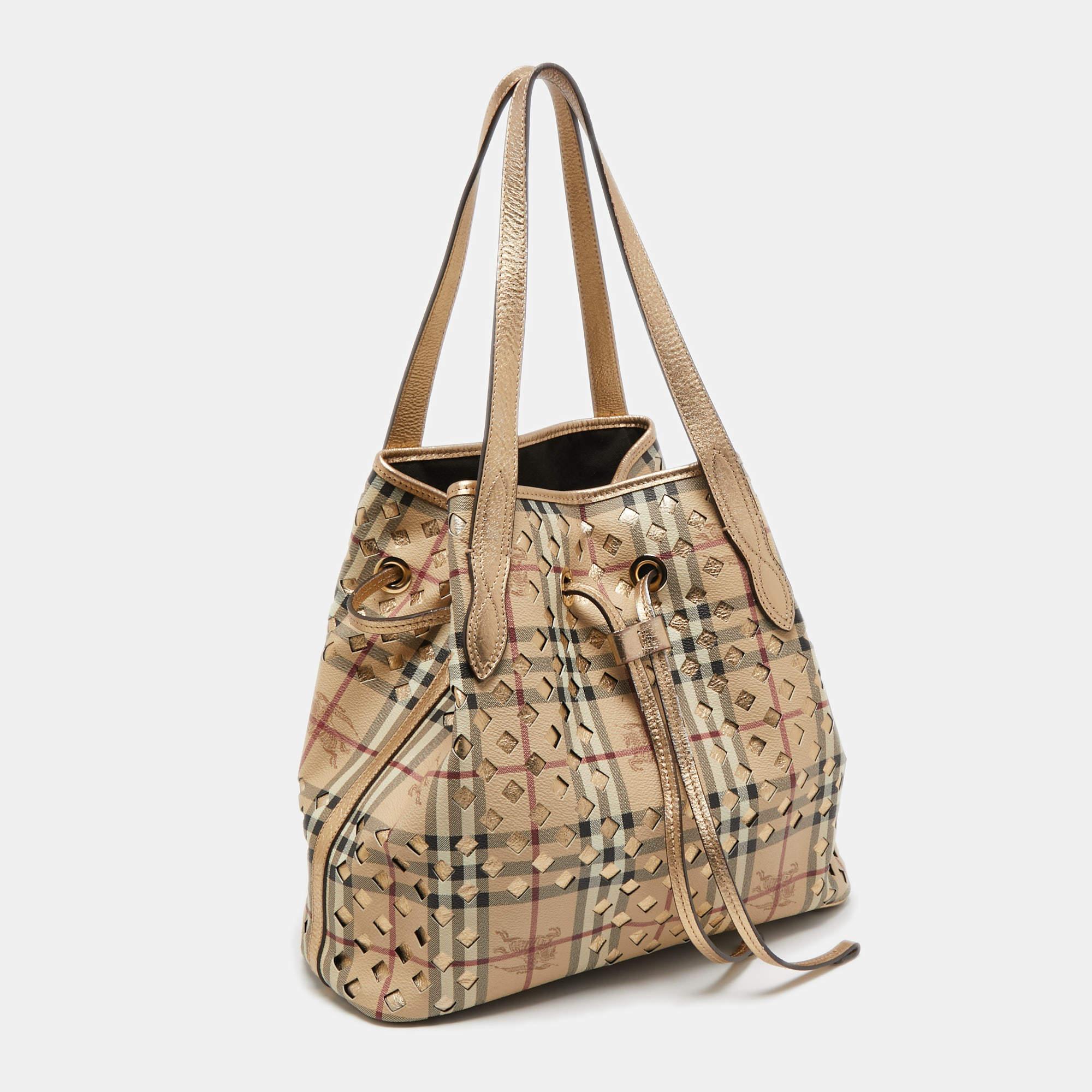 Women's Burberry Gold/Beige Laser Cut Haymarket Leather Drawstring Shoulder Bag