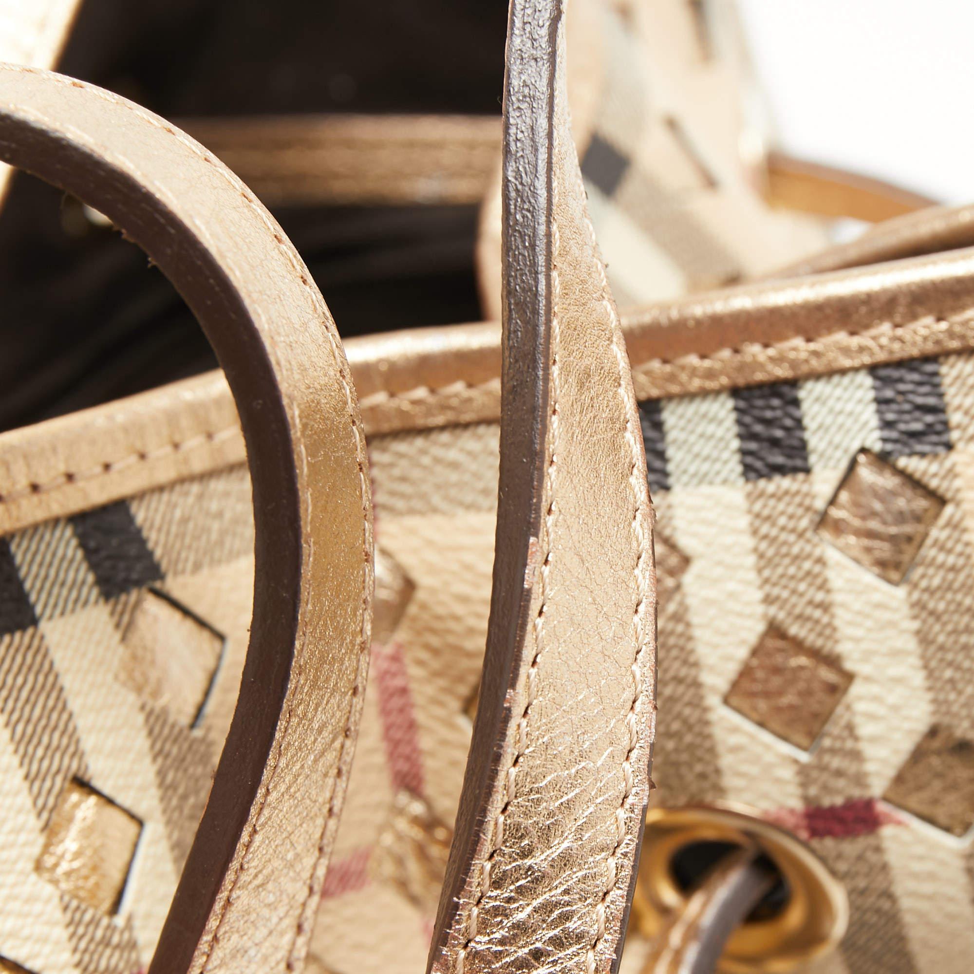 Burberry Gold/Beige Laser Cut Haymarket Leather Drawstring Shoulder Bag 3