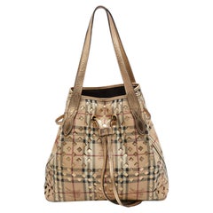 Burberry Gold/Beige Laser Cut Haymarket Leather Drawstring Shoulder Bag