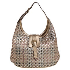 Burberry Gold/Beige Woven Haymarket Check PVC and Leather Brooke Hobo