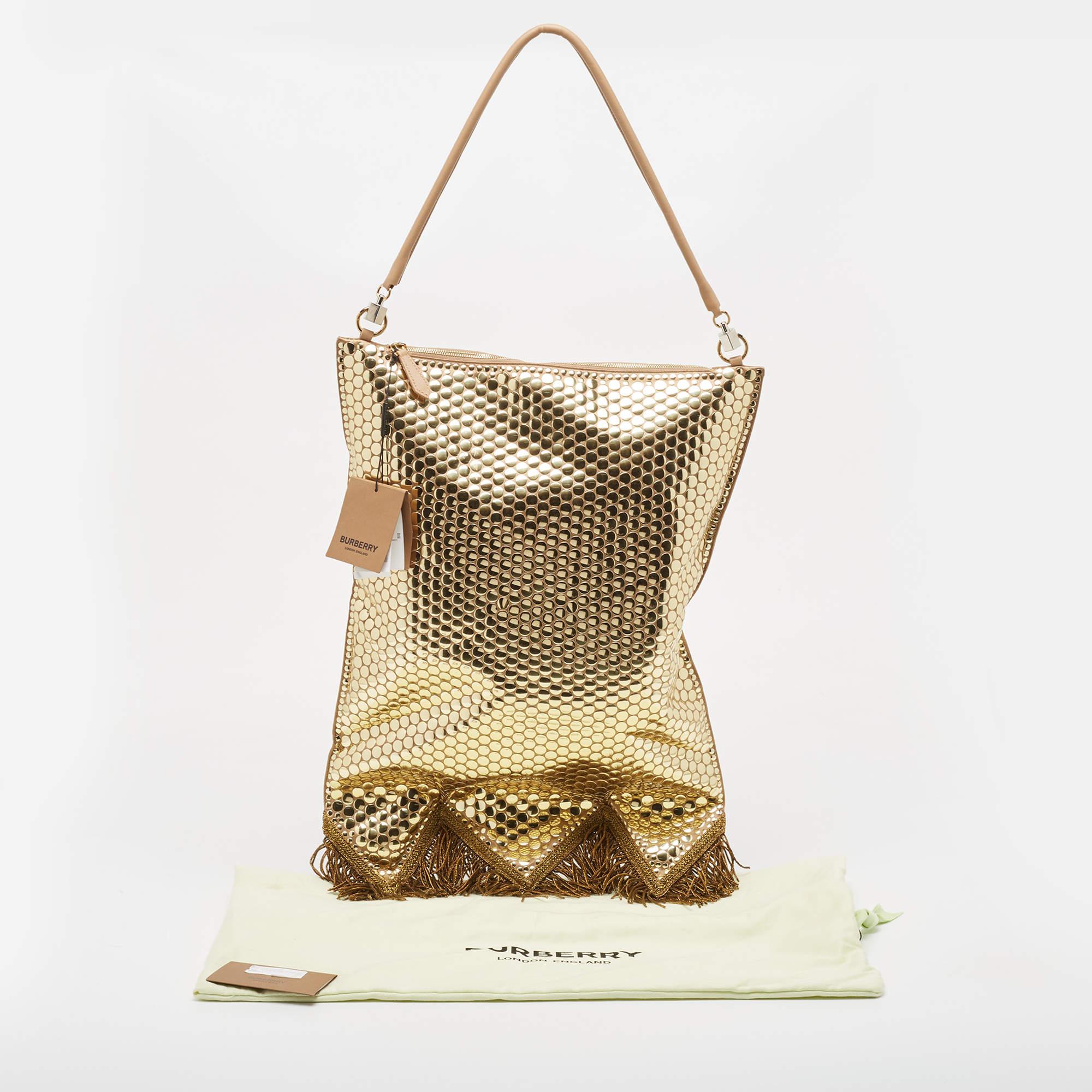 Burberry Gold Bullion Fringing Paillette-Embellished Satin Flag Bag For Sale 9