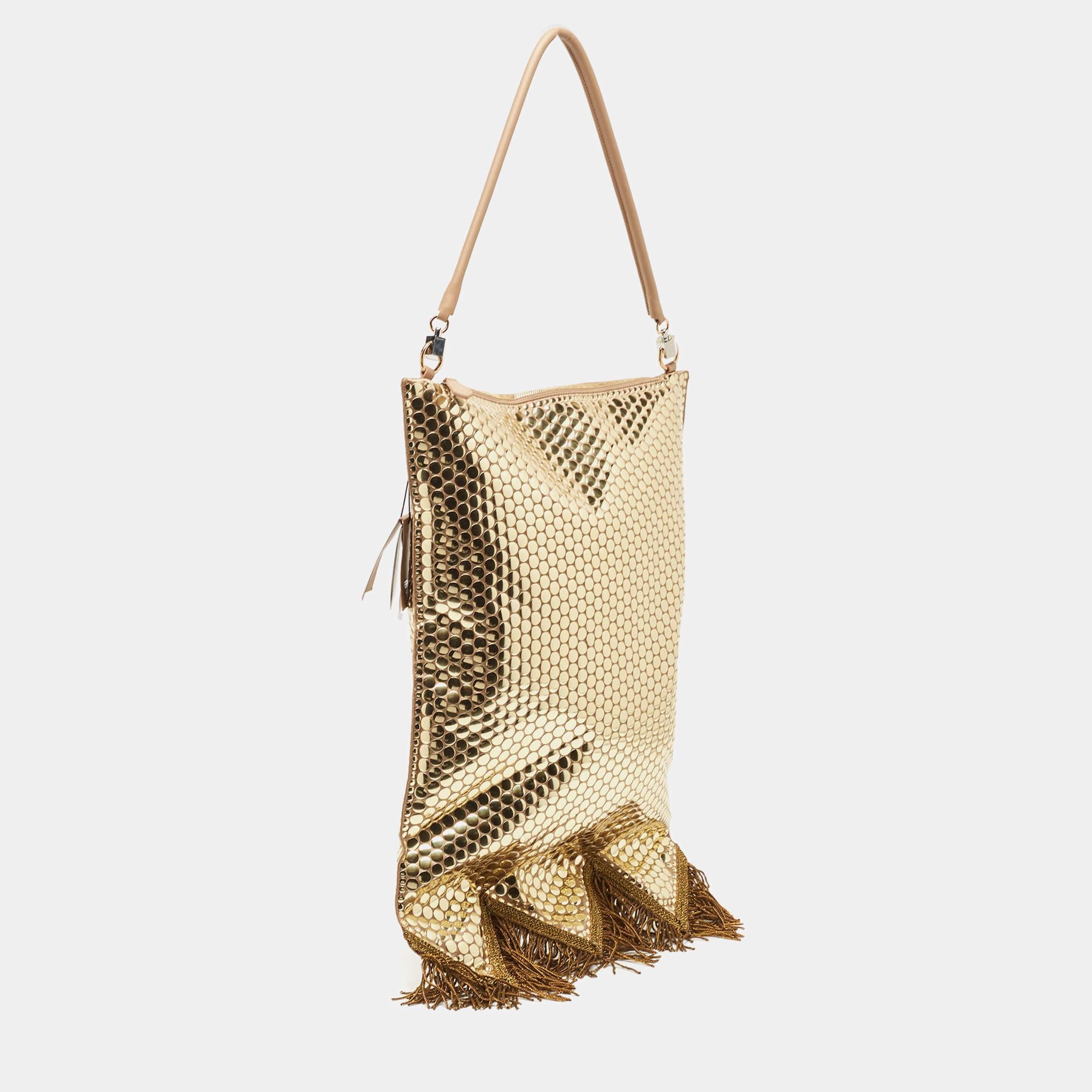 Women's Burberry Gold Bullion Fringing Paillette-Embellished Satin Flag Bag For Sale