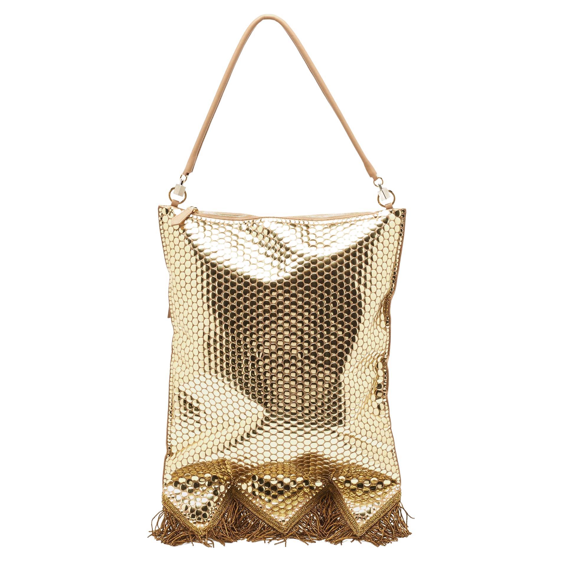 Burberry Gold Bullion Fringing Paillette-Embellished Satin Flag Bag