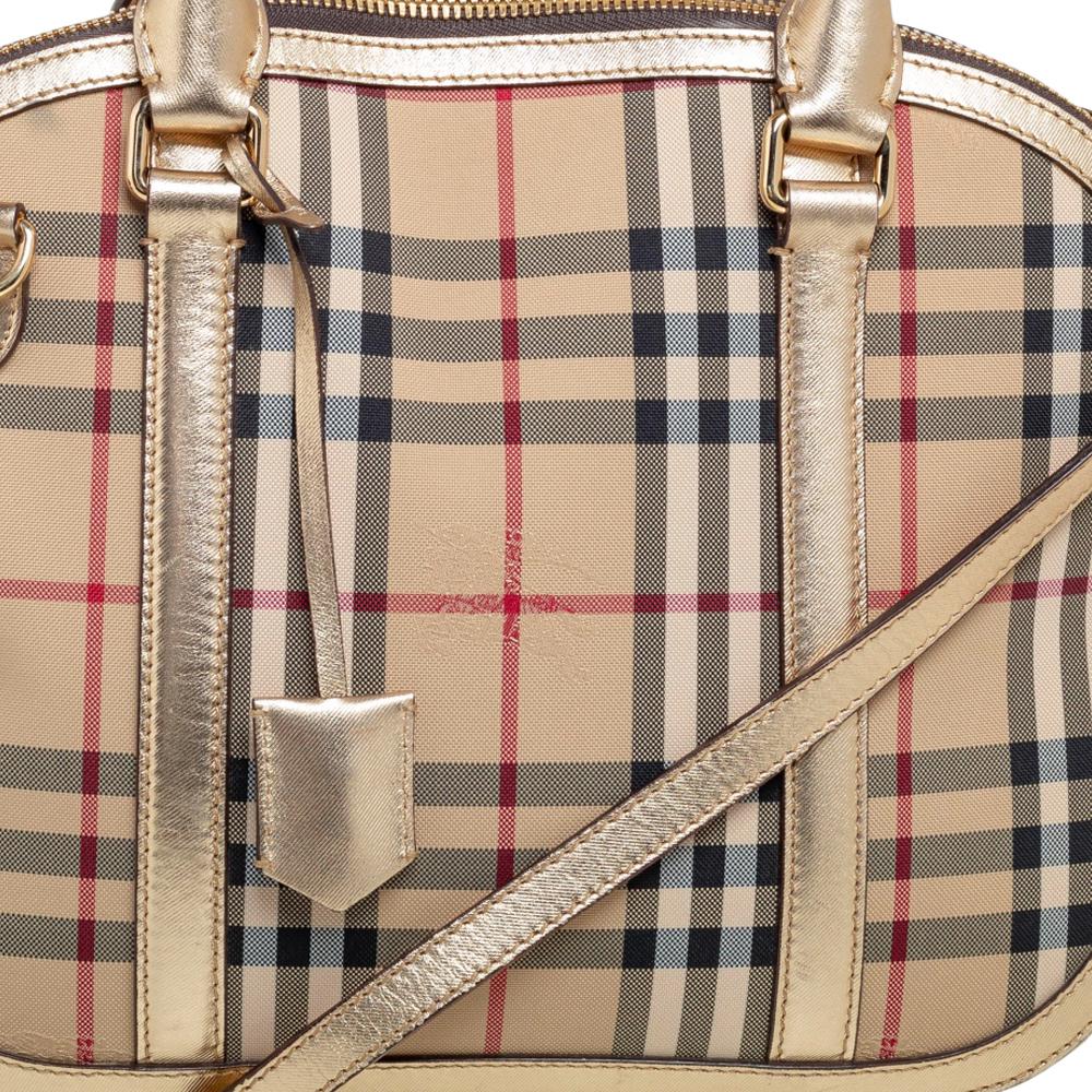 Burberry Gold Haymarket Check Nylon and Leather Small Orchard Bowler Bag 5