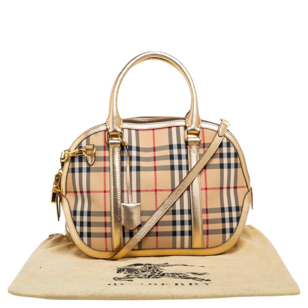 Burberry Gold Haymarket Check Nylon and Leather Small Orchard Bowler Bag 7