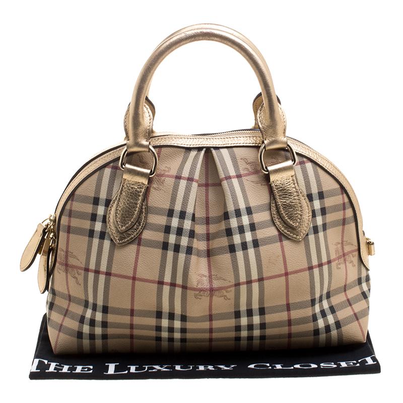 Burberry Gold Haymarket Check PVC and Leather Thornley Bowling Bag 6