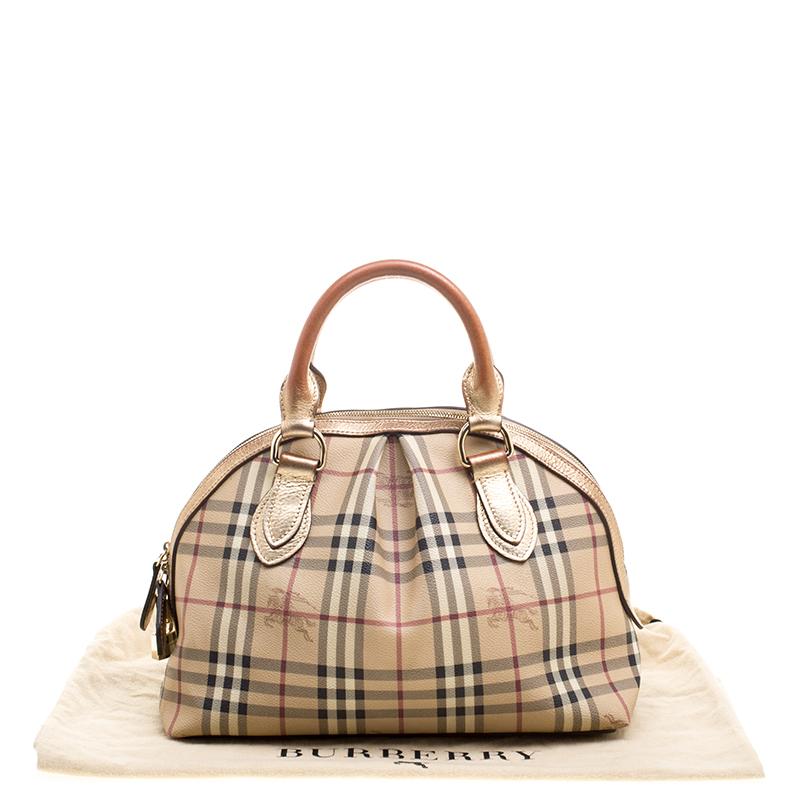 Burberry Gold Haymarket Check PVC and Leather Thornley Bowling Bag 9