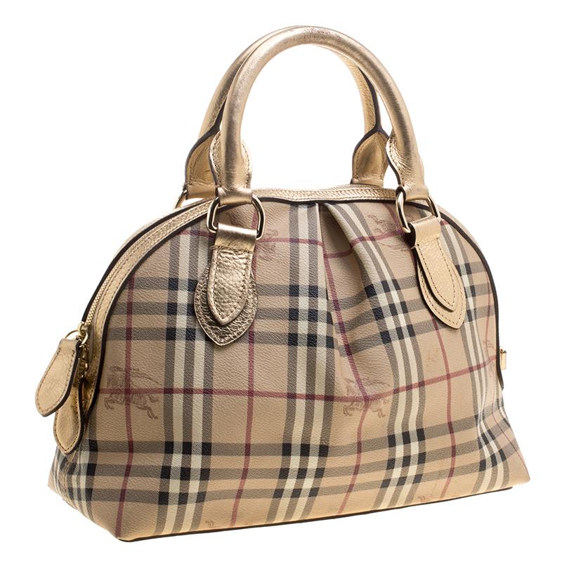 Brown Burberry Gold Haymarket Check PVC and Leather Thornley Bowling Bag