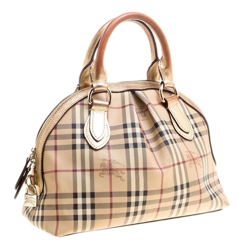 Women's Burberry Gold Haymarket Check PVC and Leather Thornley Bowling Bag