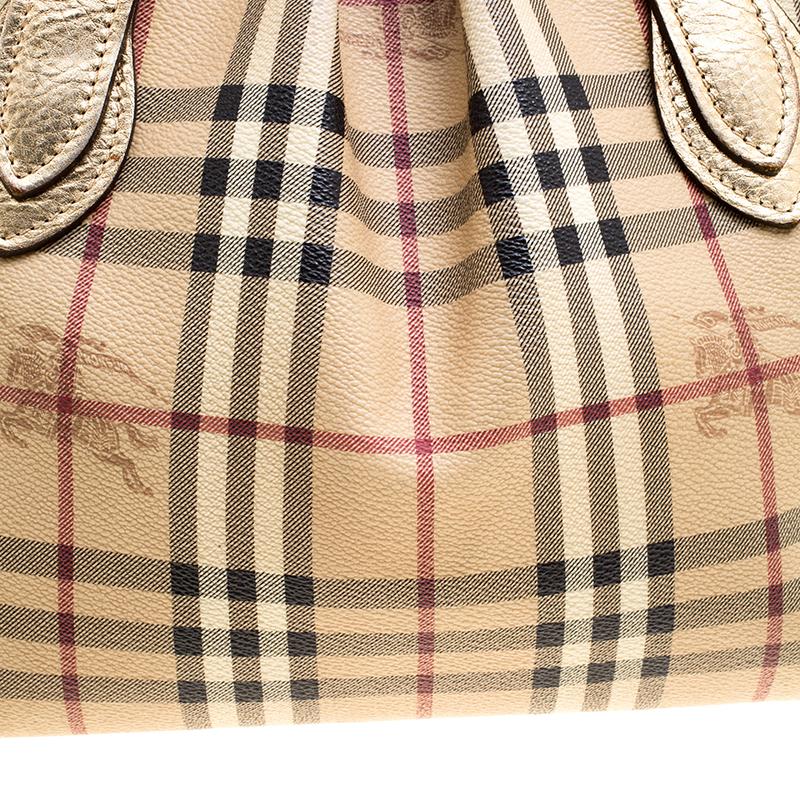 Burberry Gold Haymarket Check PVC and Leather Thornley Bowling Bag 1