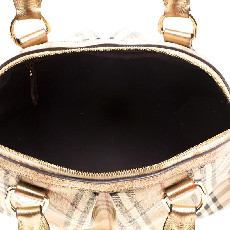 Burberry Gold Haymarket Check PVC and Leather Thornley Bowling Bag 3