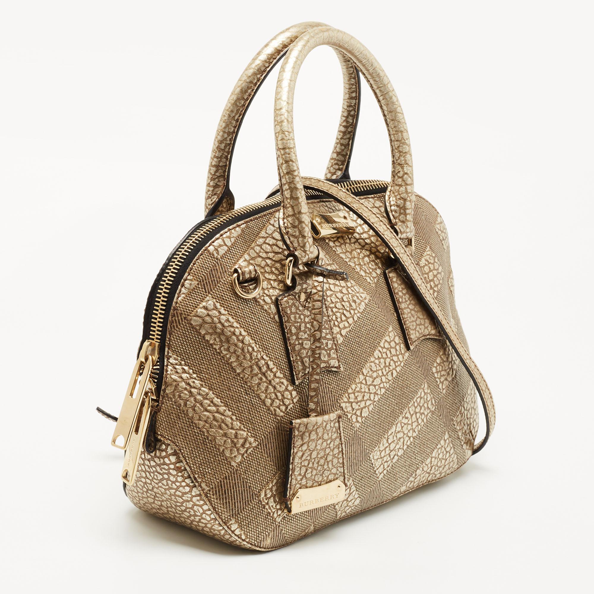 Burberry Gold Heritage Check Embossed Leather Small Orchard Bowler Bag In Good Condition In Dubai, Al Qouz 2