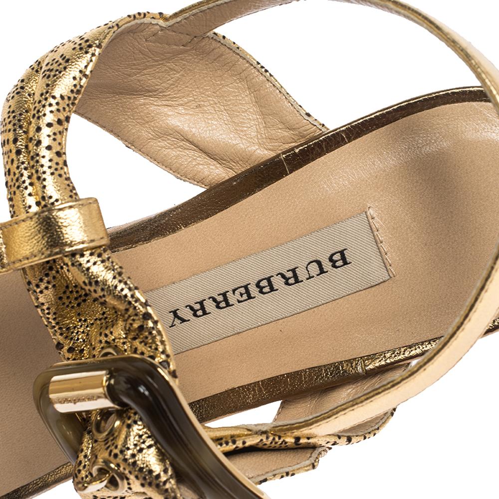 Women's Burberry Gold Laser Cut Leather Ceilab Ankle Strap Thong Sandals Size 40