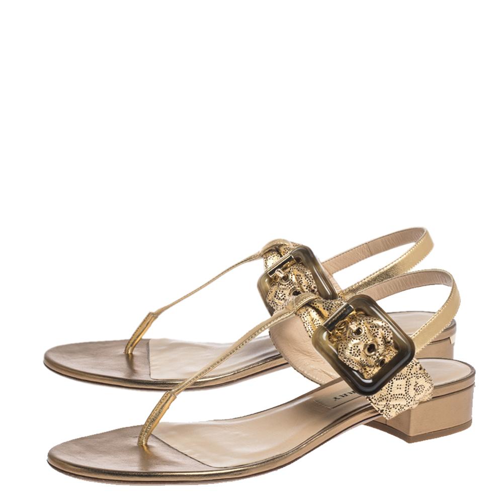 Burberry Gold Laser Cut Leather Ceilab Ankle Strap Thong Sandals Size 40 1