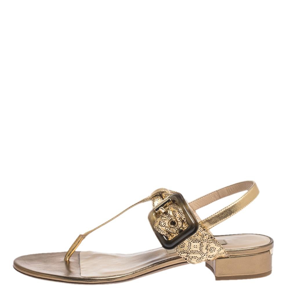 Burberry Gold Laser Cut Leather Ceilab Ankle Strap Thong Sandals Size 40 2