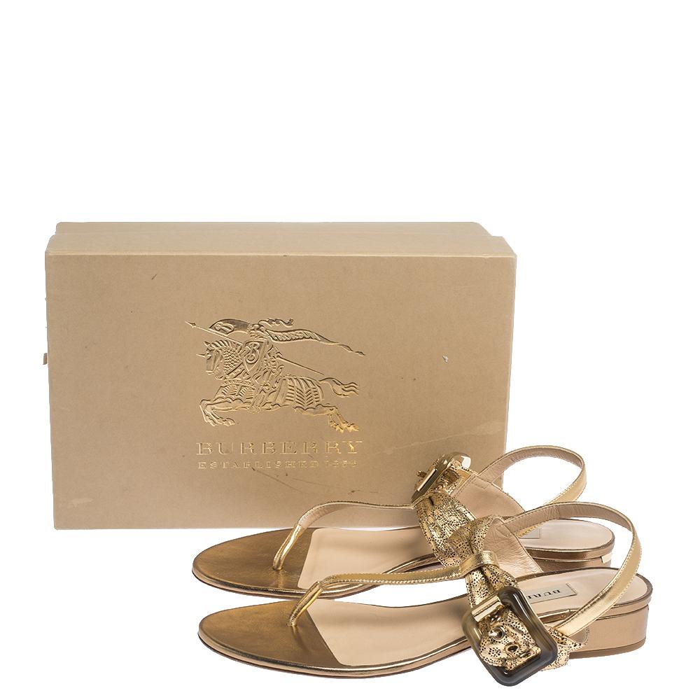 Burberry Gold Laser Cut Leather Ceilab Ankle Strap Thong Sandals Size 40 3
