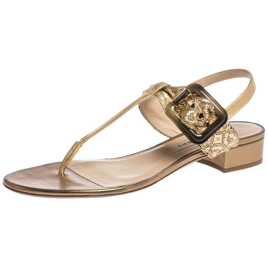 Burberry Gold Laser Cut Leather Ceilab Ankle Strap Thong Sandals Size 40