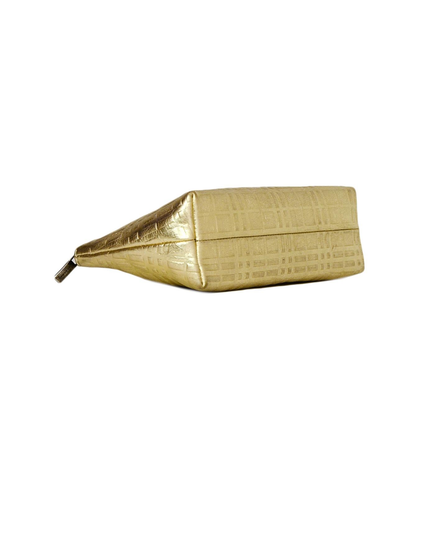 Burberry Gold Leather Embossed Plaid Cosmetic Pouch/Clutch Bag In Excellent Condition In New York, NY