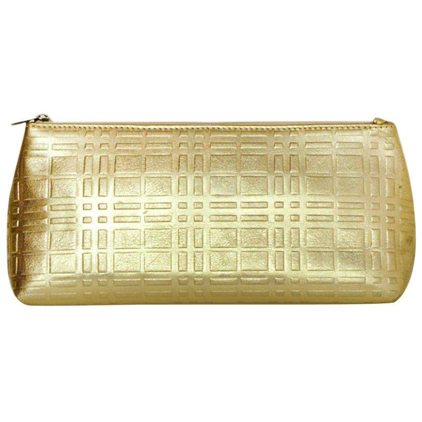 Burberry Gold Leather Embossed Plaid Cosmetic Pouch/Clutch Bag
