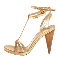 Burberry Gold Leather Hans T Strap Sandals Size 39.5