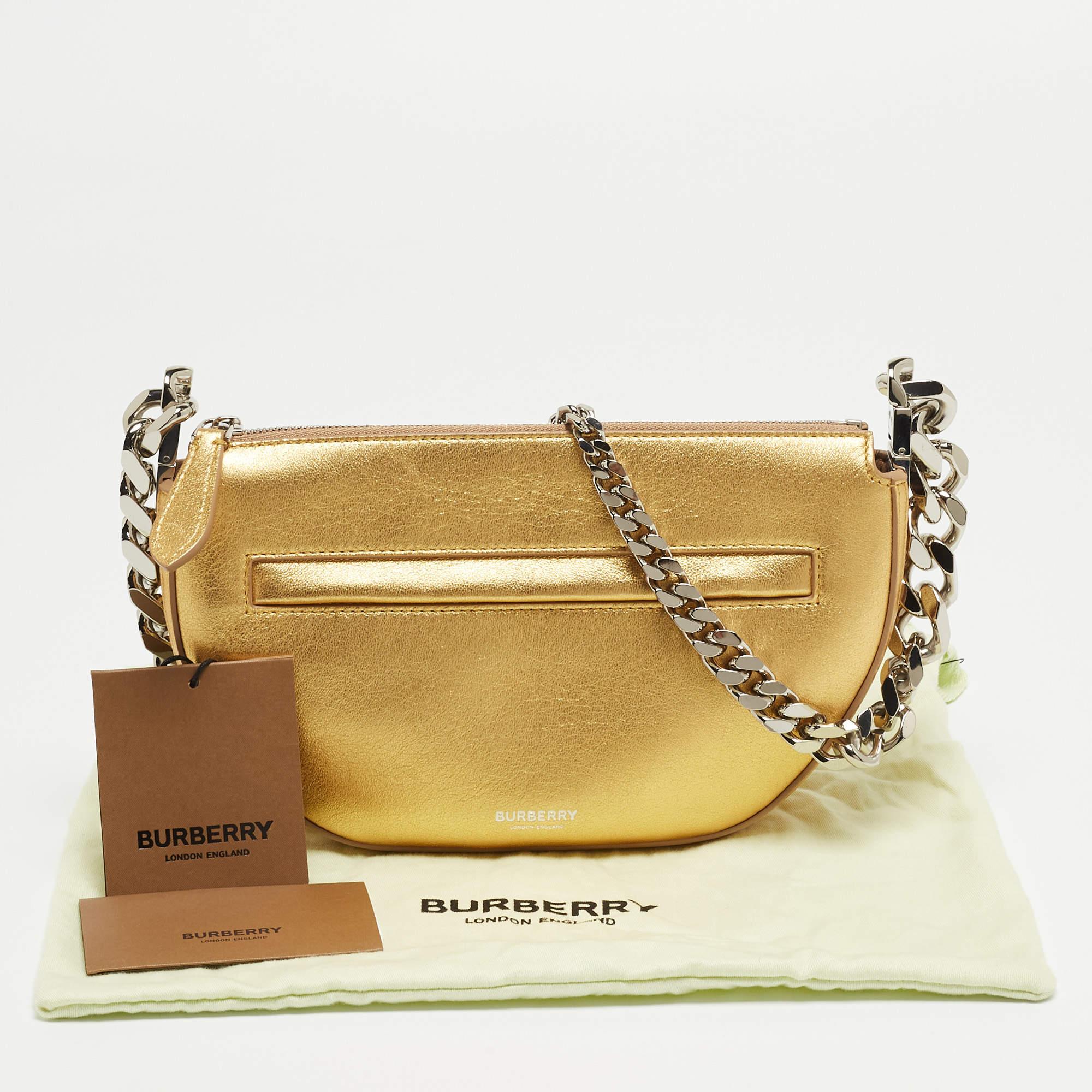 Burberry Gold Leder-Mini Olympia-Reißverschluss-Tasche mit Kette 6