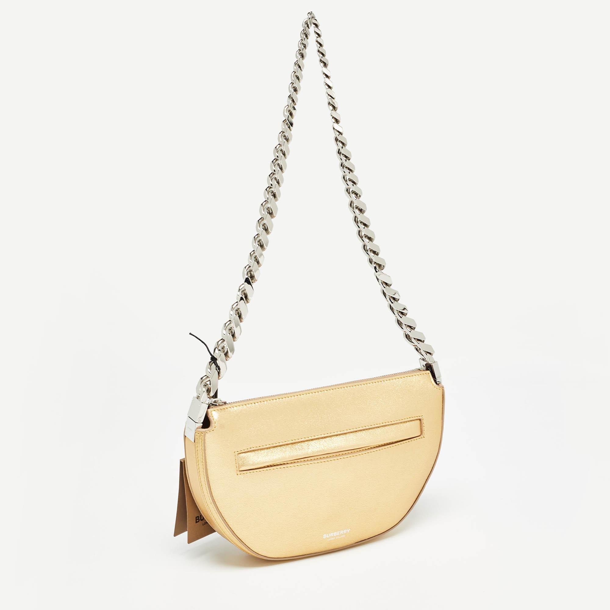 White Burberry Gold Leather Mini Olympia Zip Chain Bag