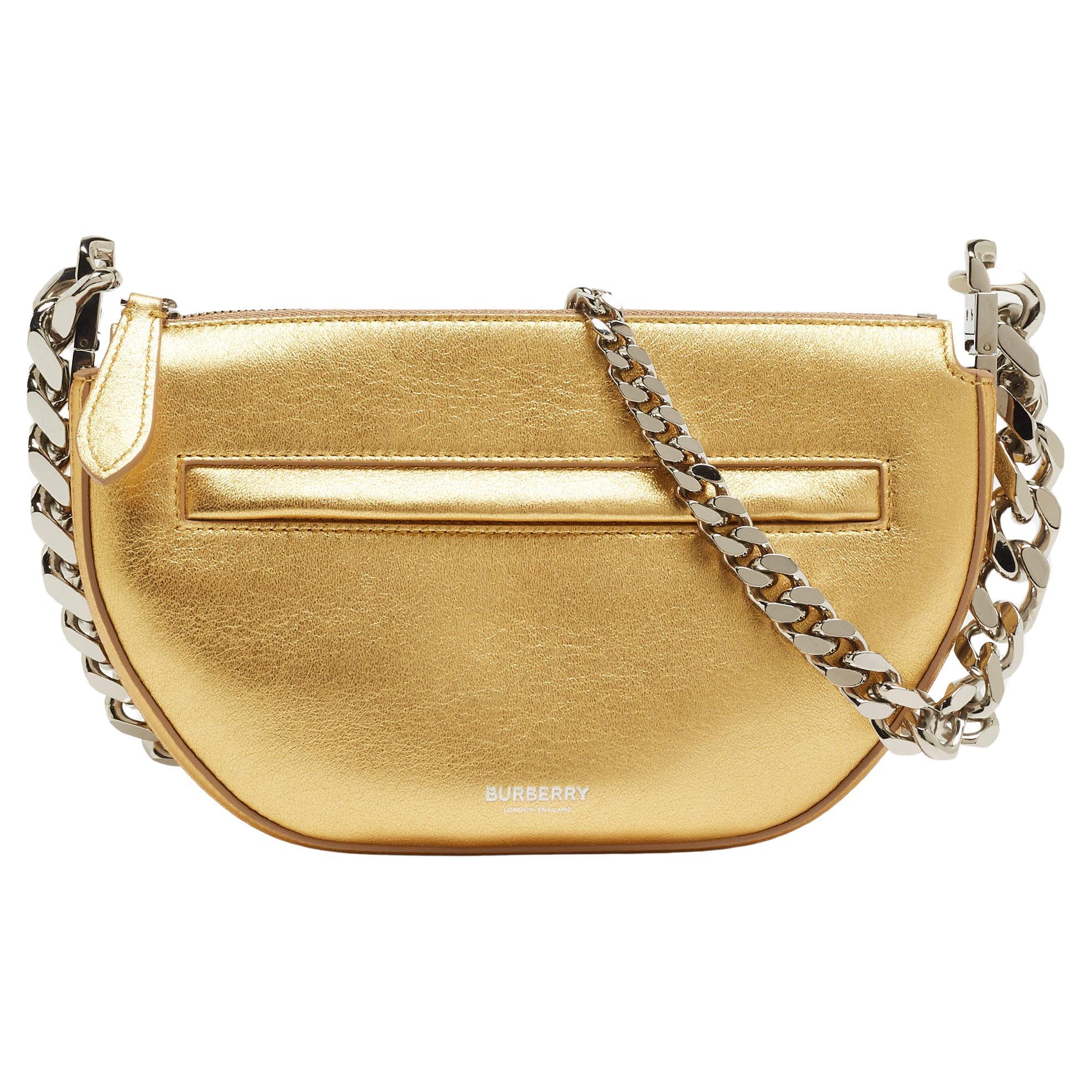 Burberry Gold Leather Mini Olympia Zip Chain Bag For Sale