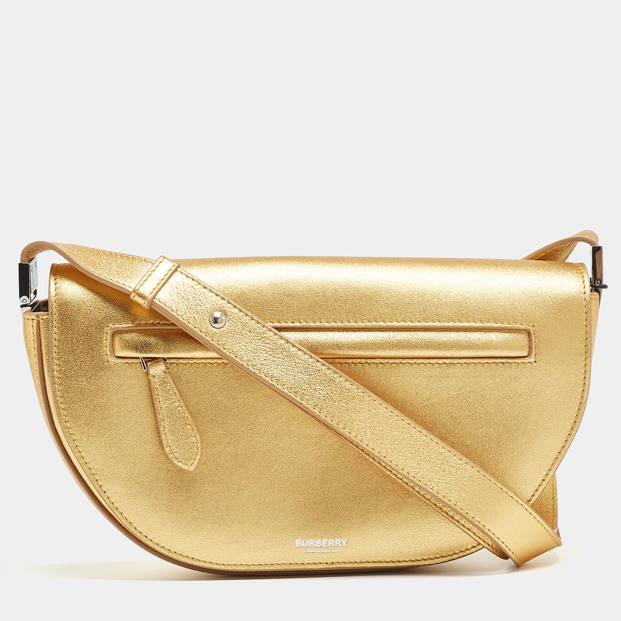 Brown Burberry Gold Leather Small Olympia Shoulder Bag For Sale