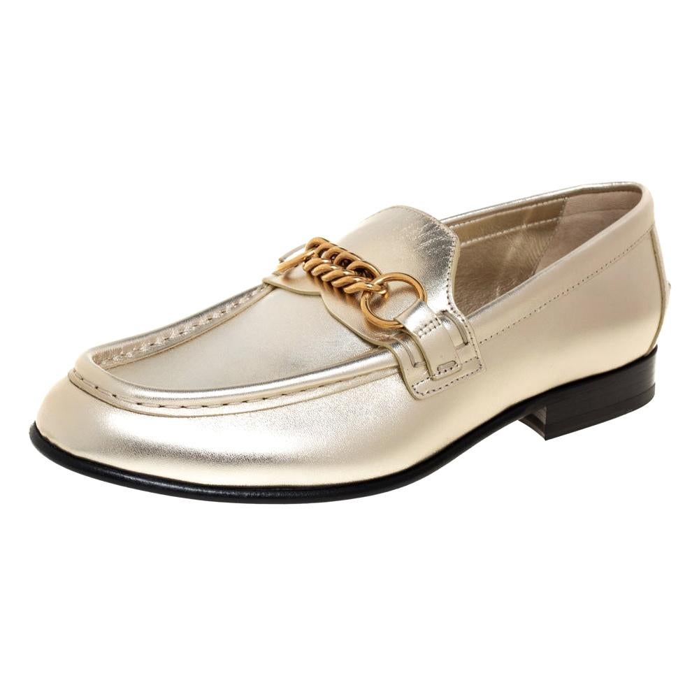 Burberry Gold Leather Solway Chain Detail Slip On Loafers Size 39