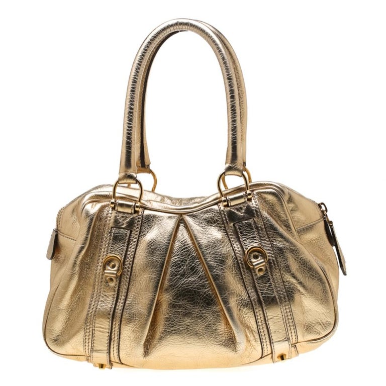 Burberry Gold Metallic Leather Ashbury Satchel For Sale at 1stDibs