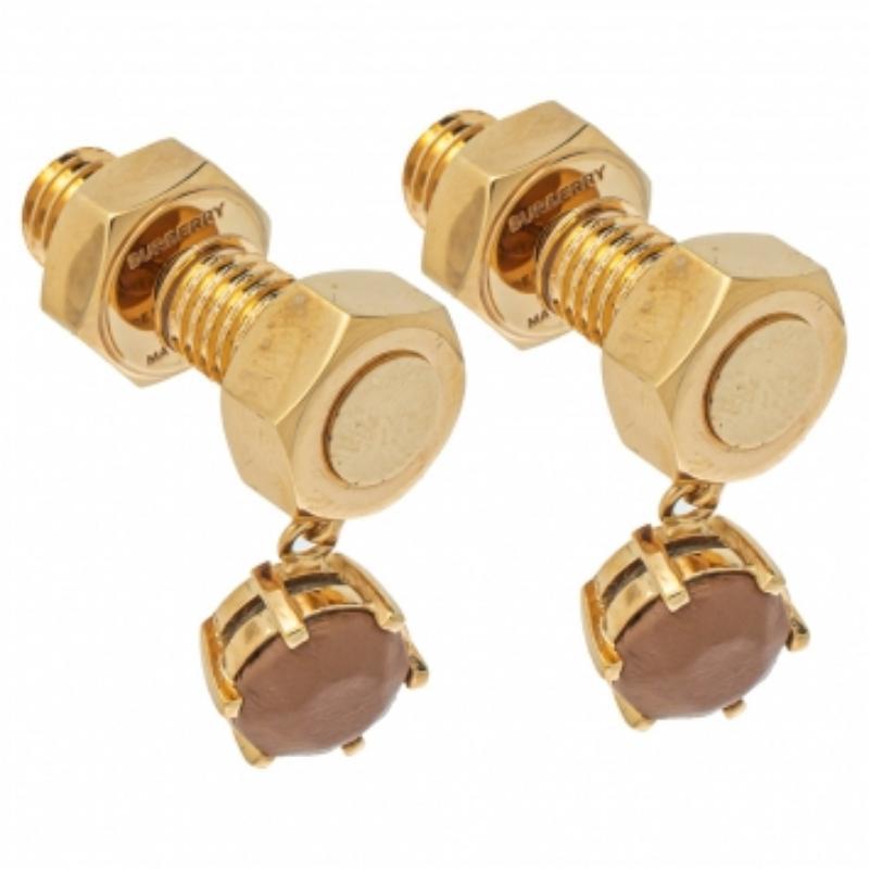 Burberry Gold Plated Leather Inlay Nut & Bolt Drop Earrings In Excellent Condition For Sale In Dubai, Al Qouz 2