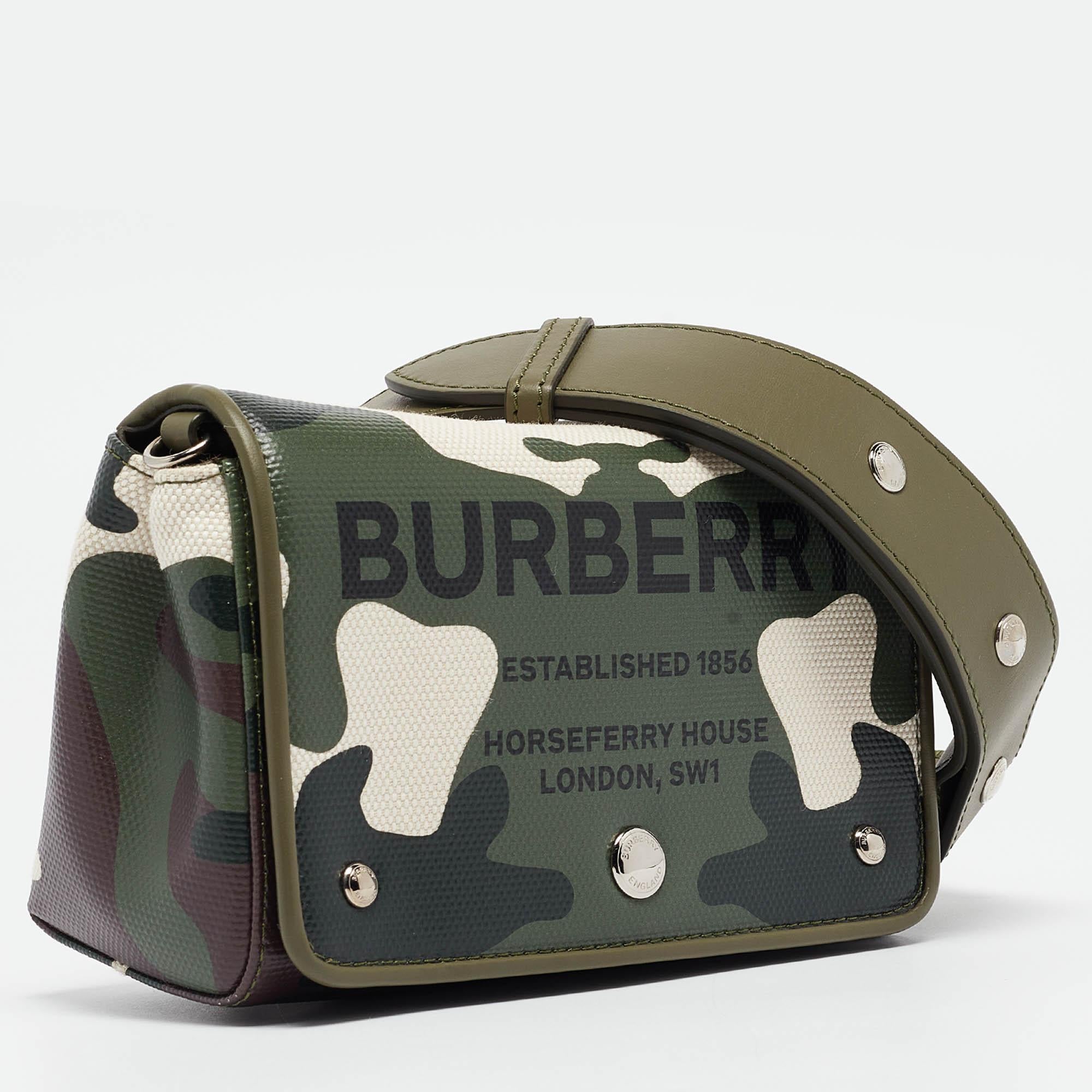 Black Burberry Green/Beige Camo Print Coated Canvas & Leather Hackberry Crossbody Bag For Sale